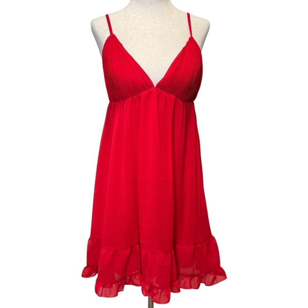 IEENA Mac Duggal 70194 Ruffle V-Neck Crisscross Babydoll Dress 2 Red Romantic